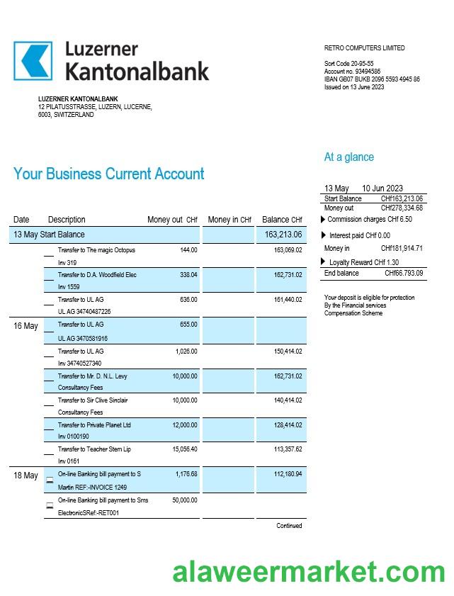 Luzerner Kantonalbank Bank organization checking account statement Word and PDF template